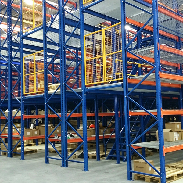 Multi-tier mezzanine racking with steel floor decking